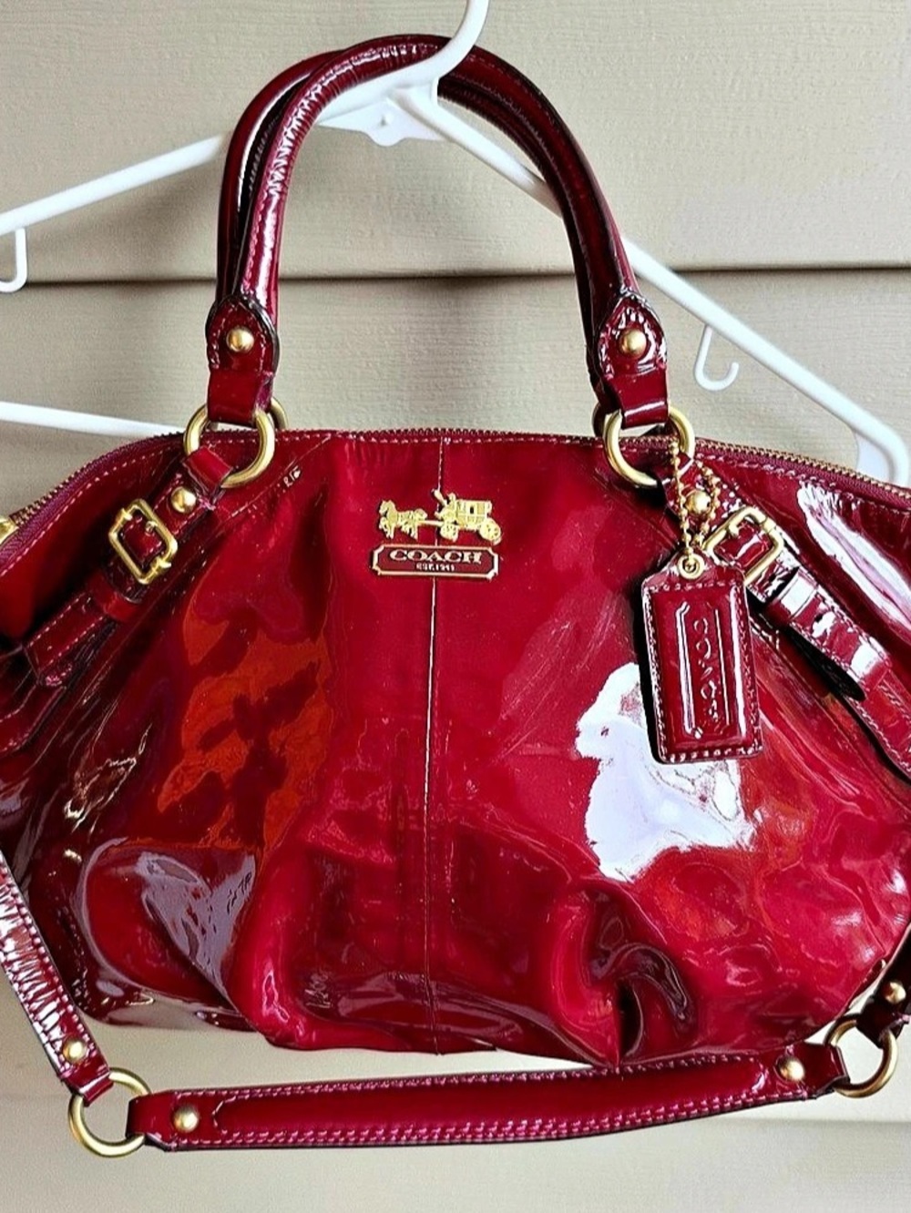 Coach Burgundy Patent Leather Satchel Top Handle Bag Zip w/ Detachable Strap